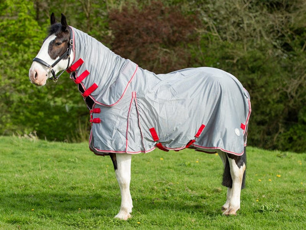 WIDE FIT Mesh Fly Rug - Grey/Red - Swish Equestrian